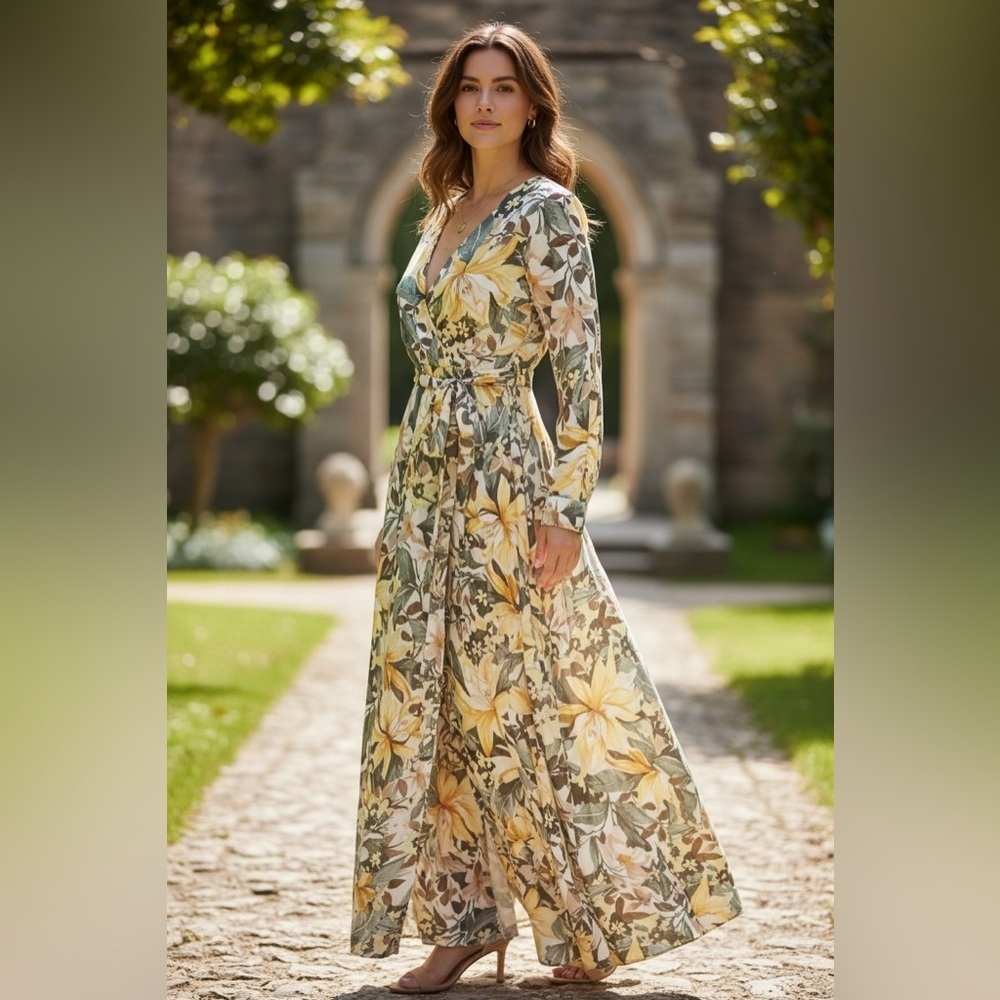 Elegant Yellow and Green Floral Long Sleeve Dress